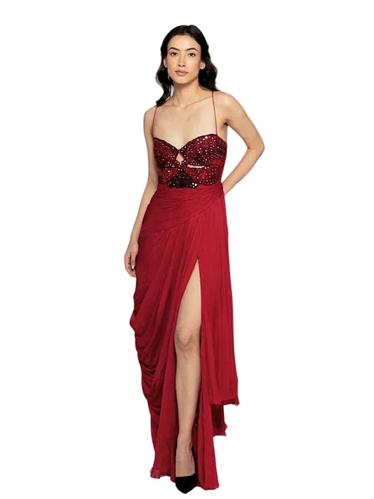 Red evening gown with a high slit