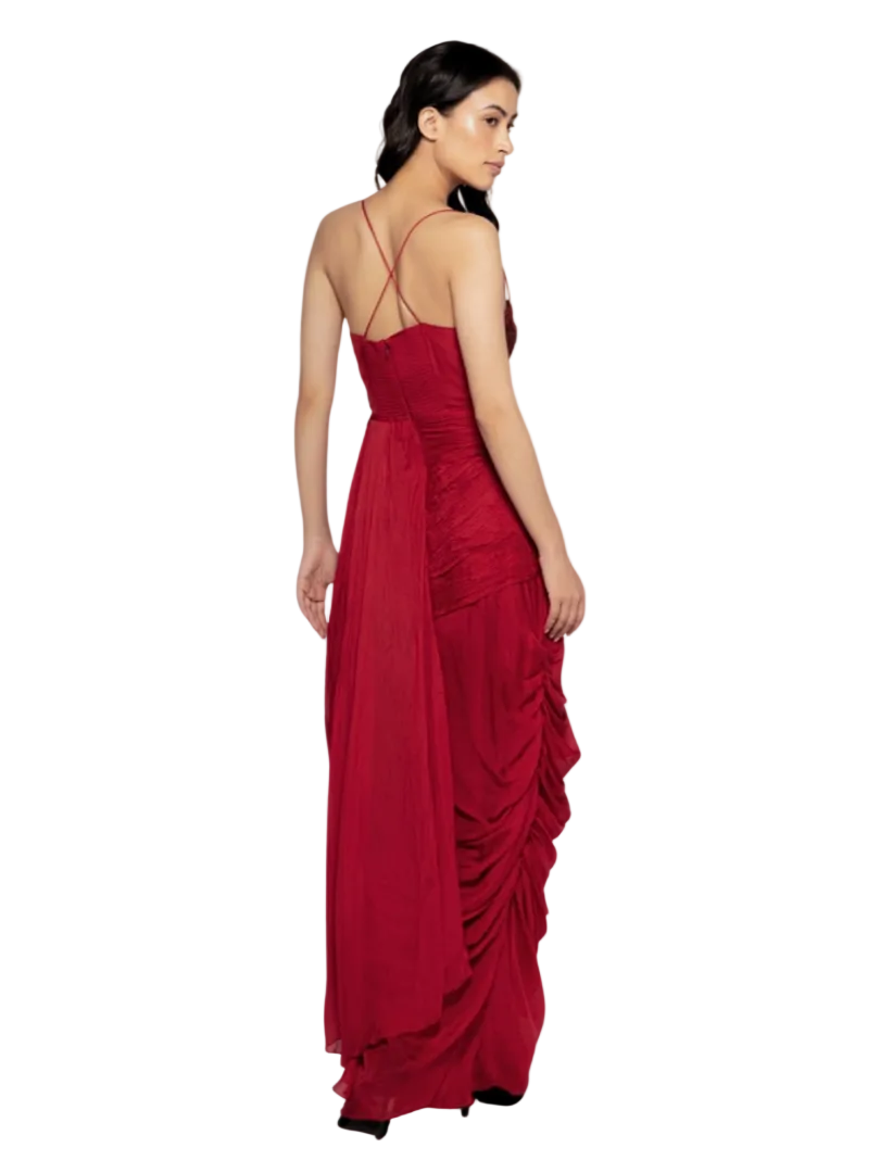 Red evening gown with a high slit