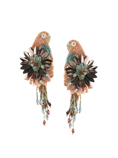 Pair of parrot earrings with floral designs and bead details 
