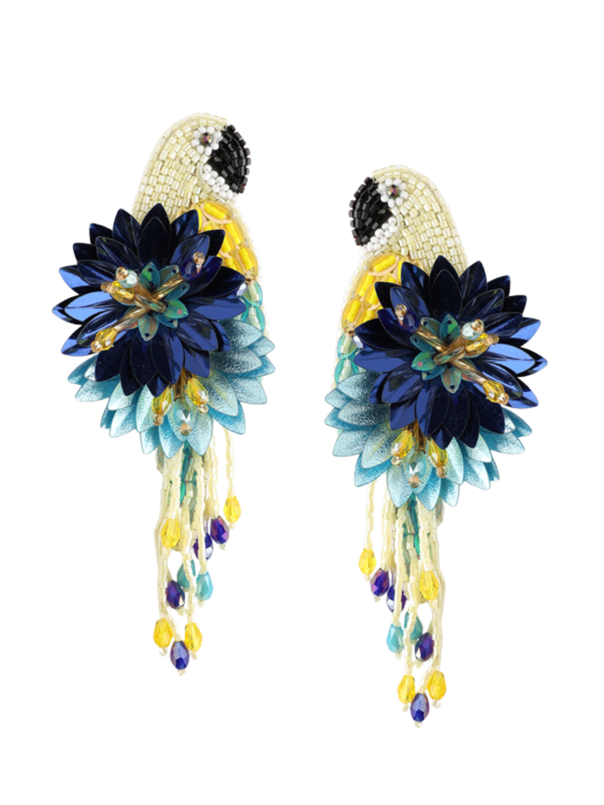 parrot shaped earrings in yellow and navy