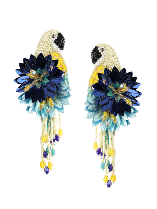 parrot shaped earrings in yellow and navy