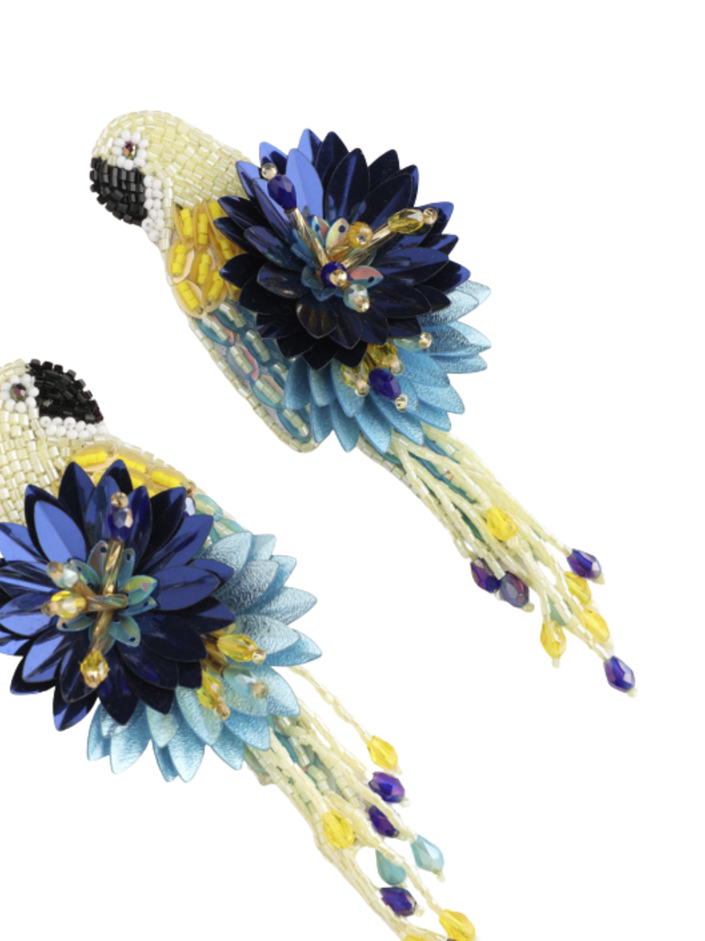 parrot shaped earrings in yellow and navy