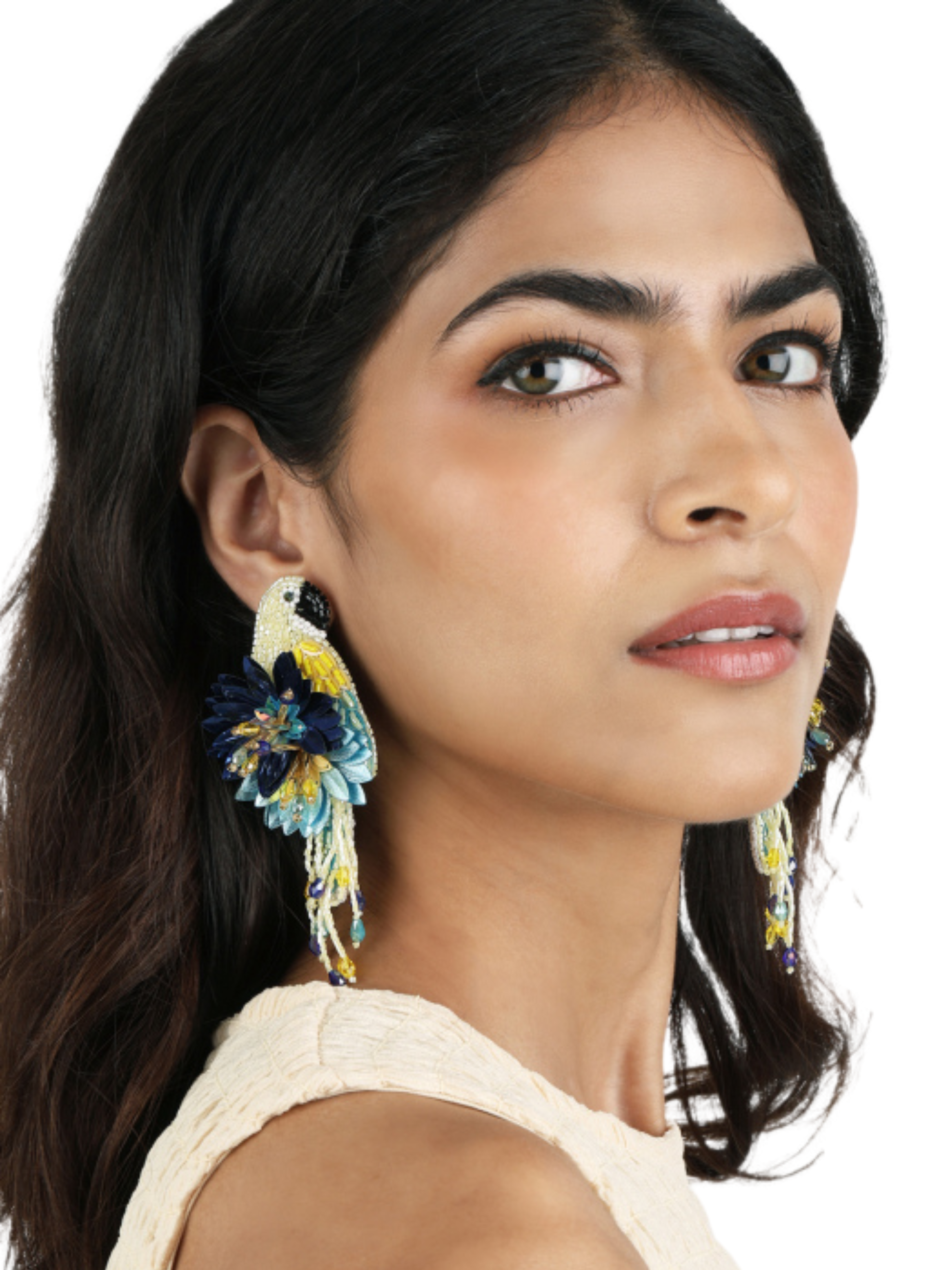 parrot shaped earrings in yellow and navy