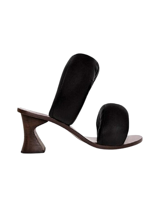 Black sandal with a unique wooden heel