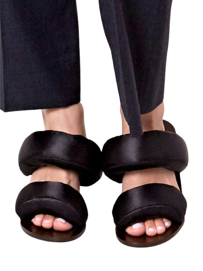 Black sandal with a unique wooden heel