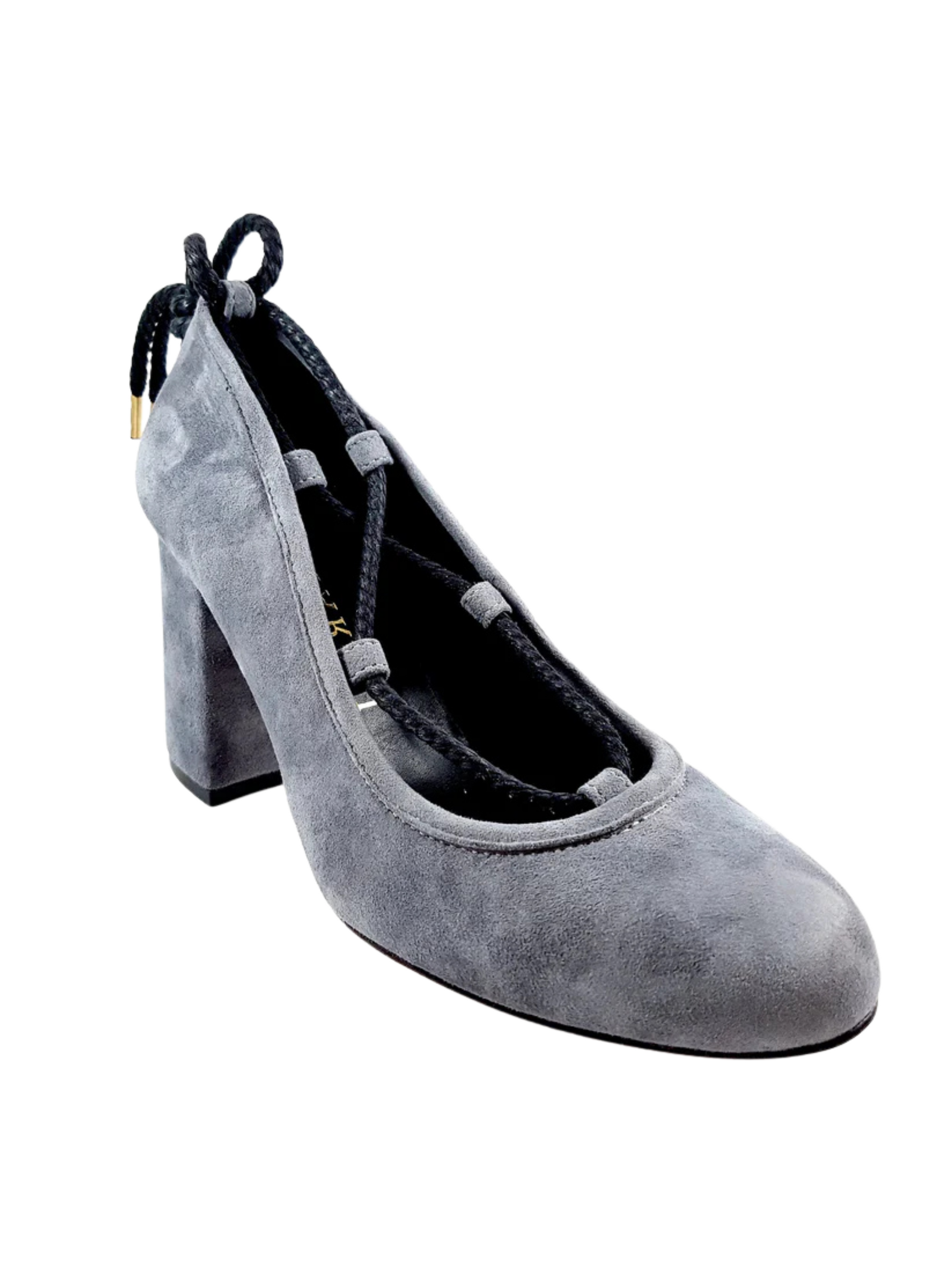 Gray suede high-heeled shoe with black lace up