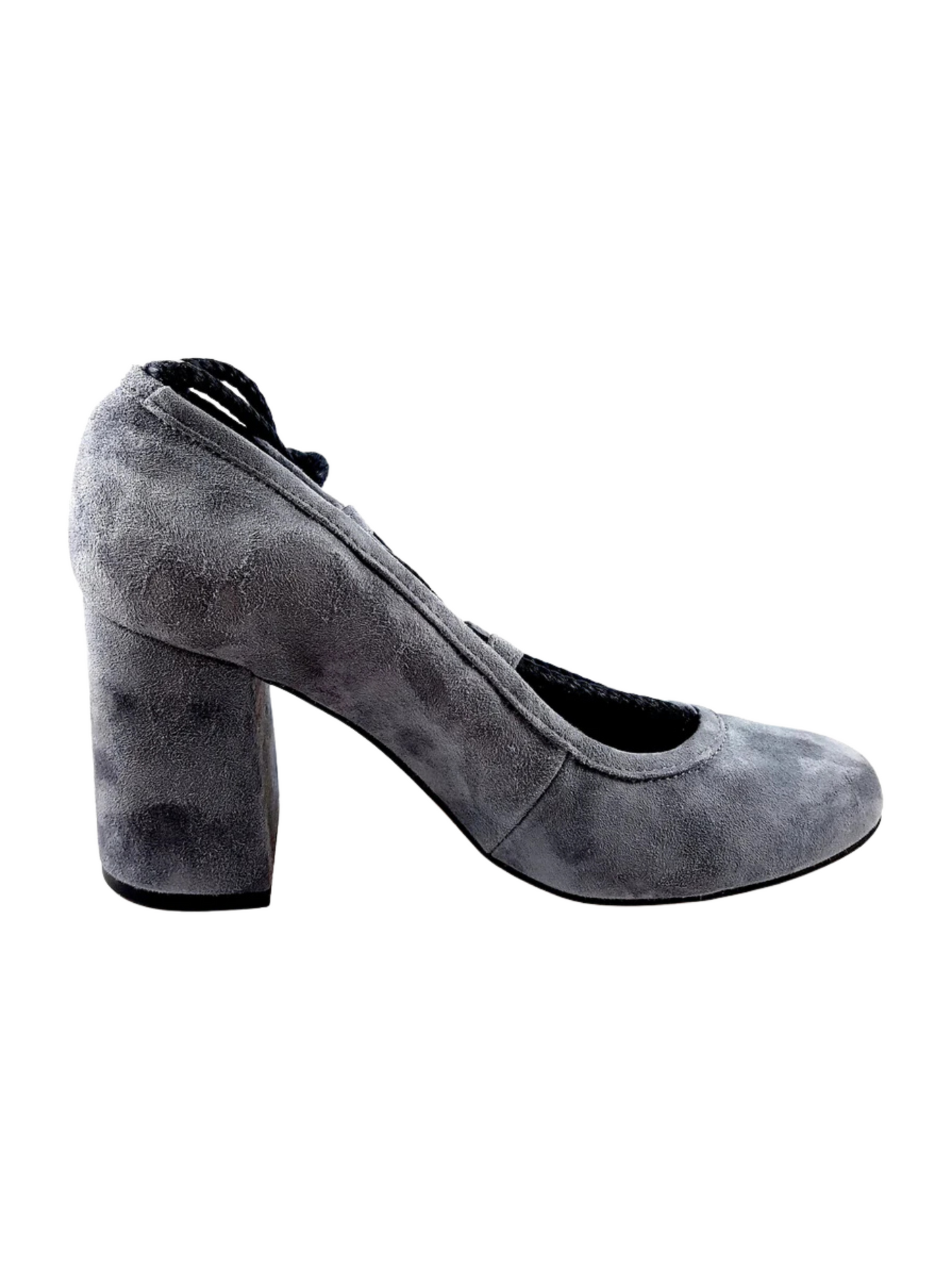 Gray suede high-heeled shoe with black lace up