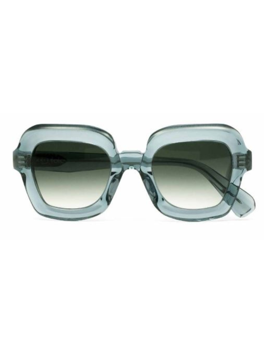 Sunglasses with a clear green frame and gradient lenses