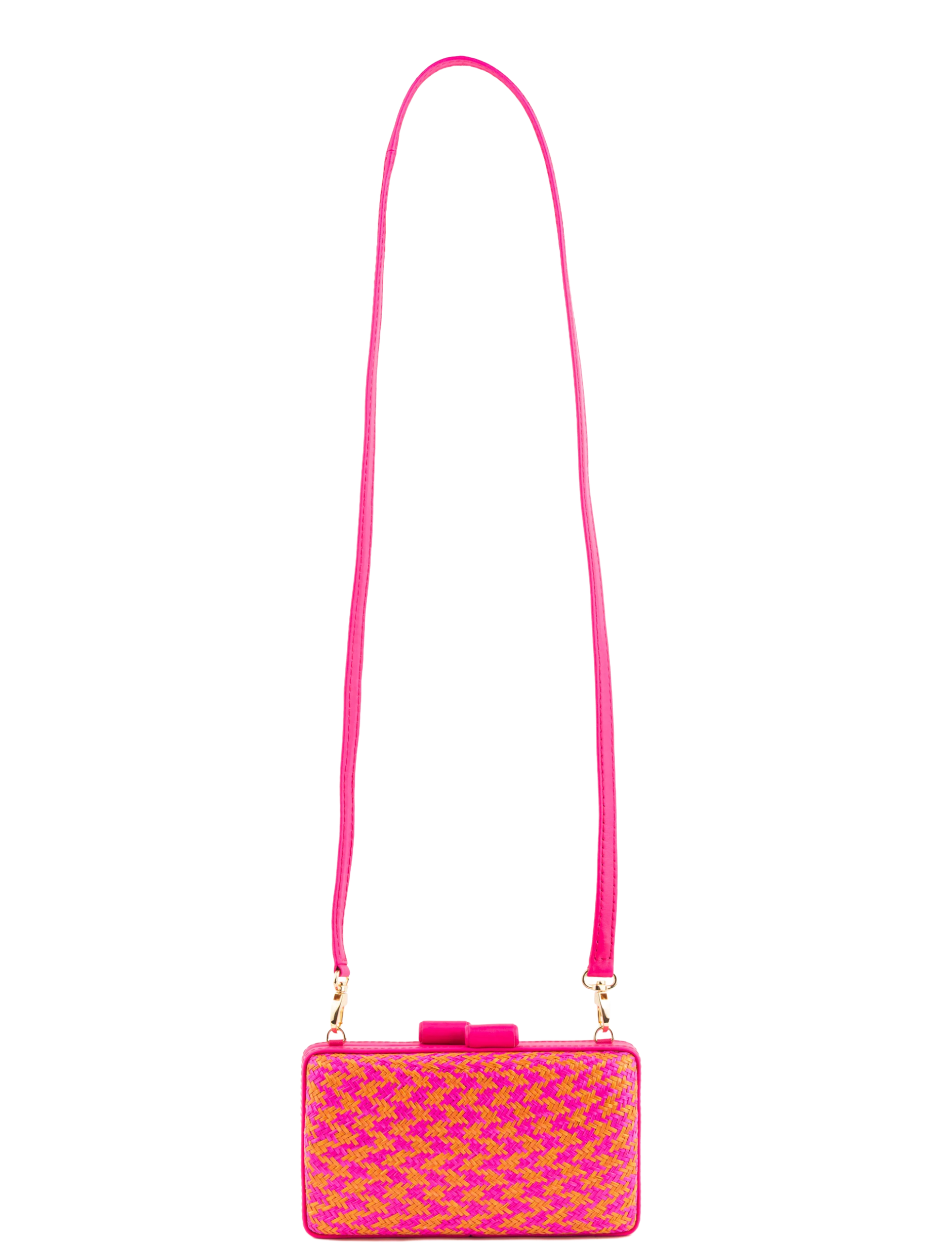 Pink and yellow patterned handbag with a strap