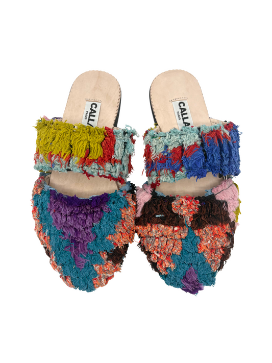  multicolor patchwork fringed mule sandals with a beige leather insole