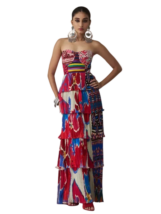 colorful strapless dress with a geometric pattern