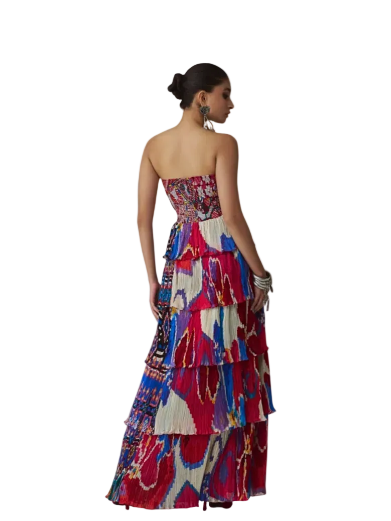 colorful strapless dress with a geometric pattern
