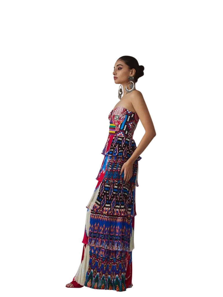 colorful strapless dress with a geometric pattern