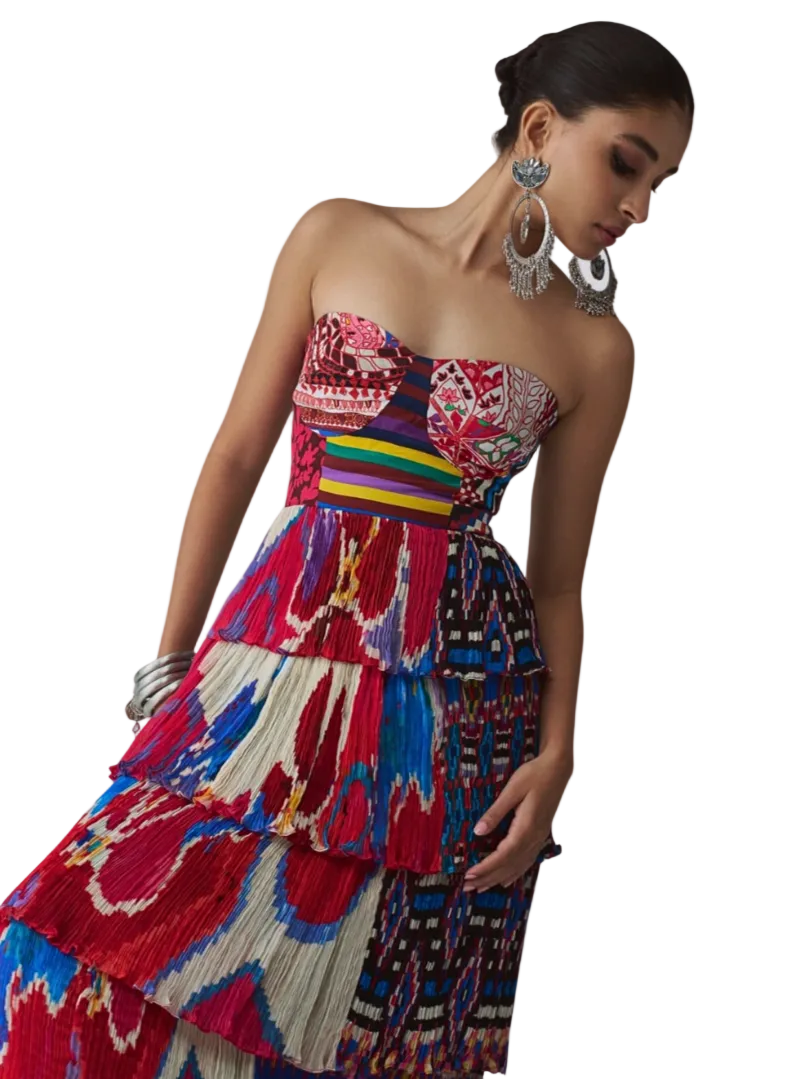 colorful strapless dress with a geometric pattern