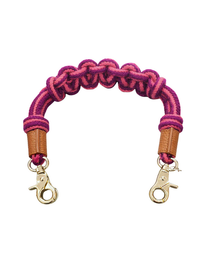 Macramé bag strap with colorful motifs and leather details