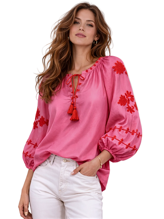 Pink silk blouse with red floral embroidery