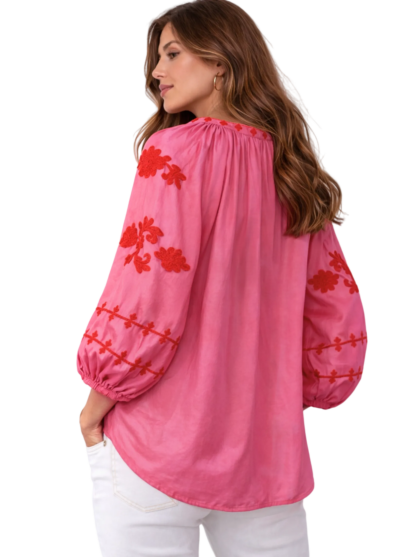 Pink silk blouse with red floral embroidery