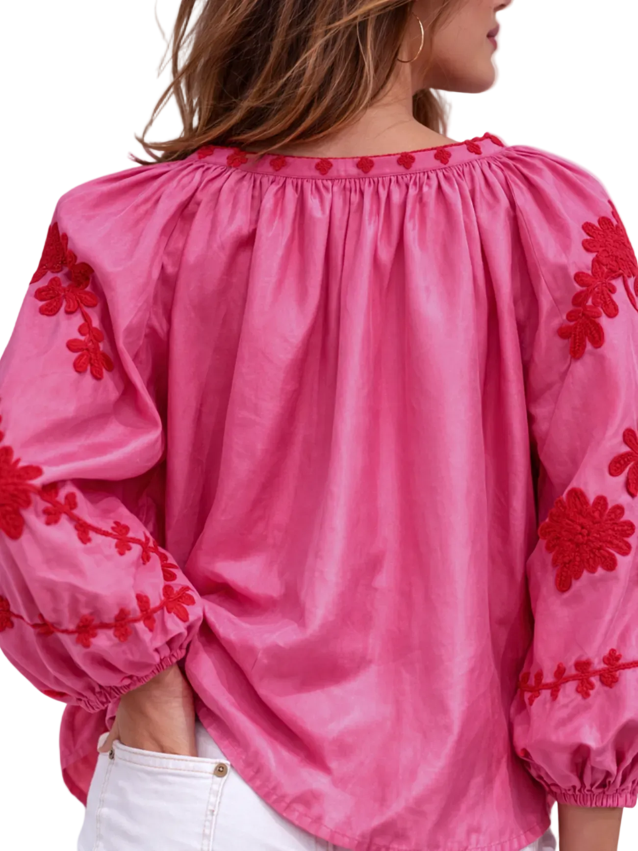 Pink silk blouse with red floral embroidery