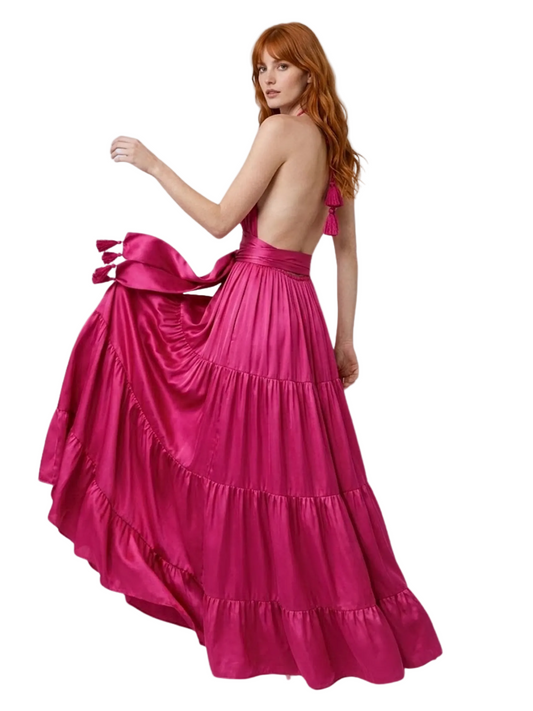 black tiered halter silk dress