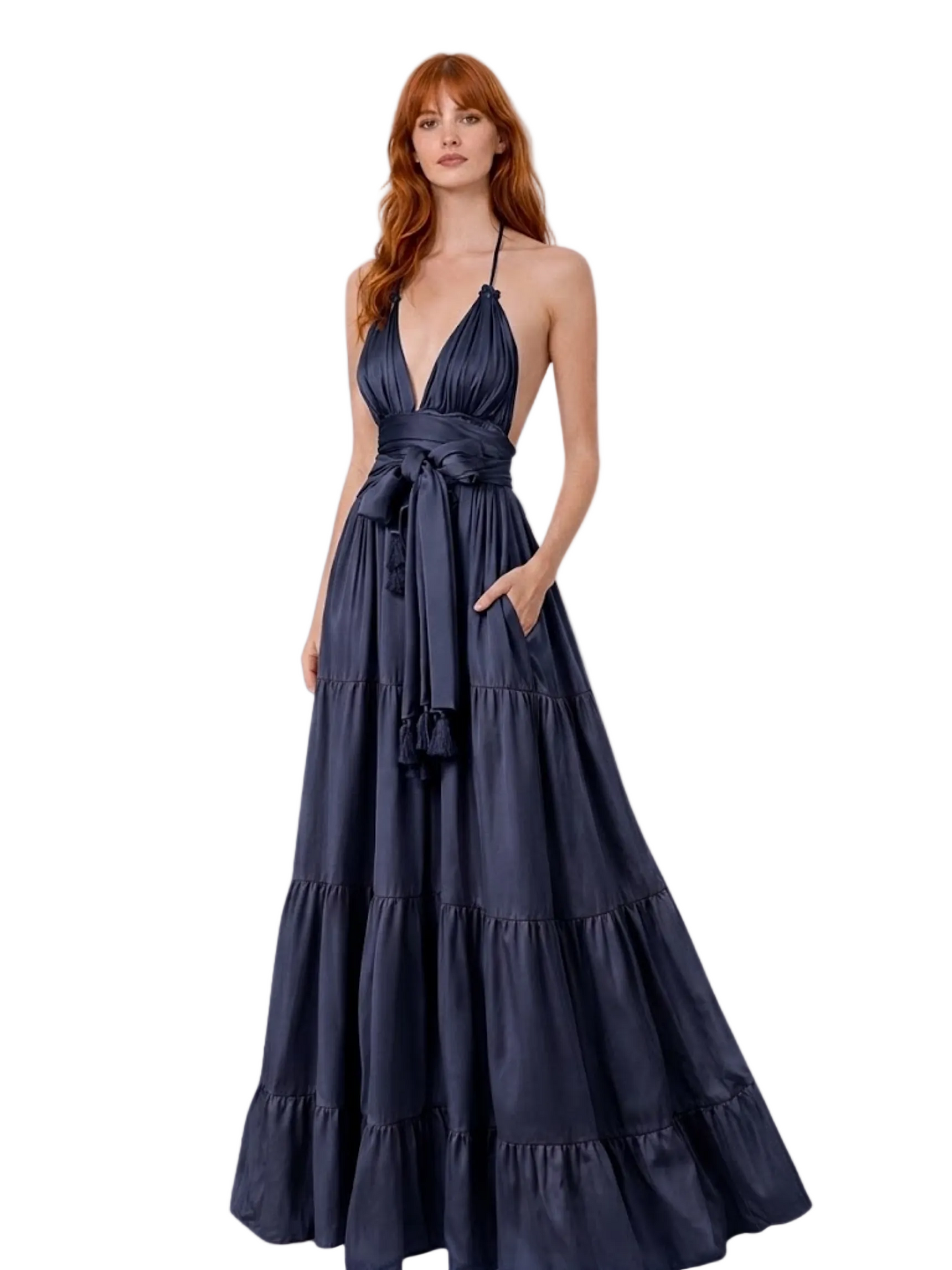 black tiered halter silk dress