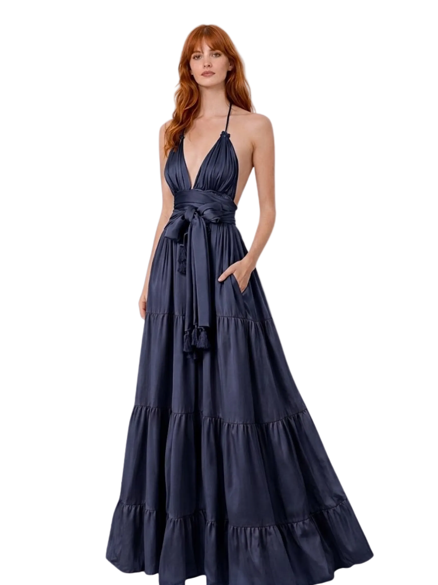 black tiered halter silk dress