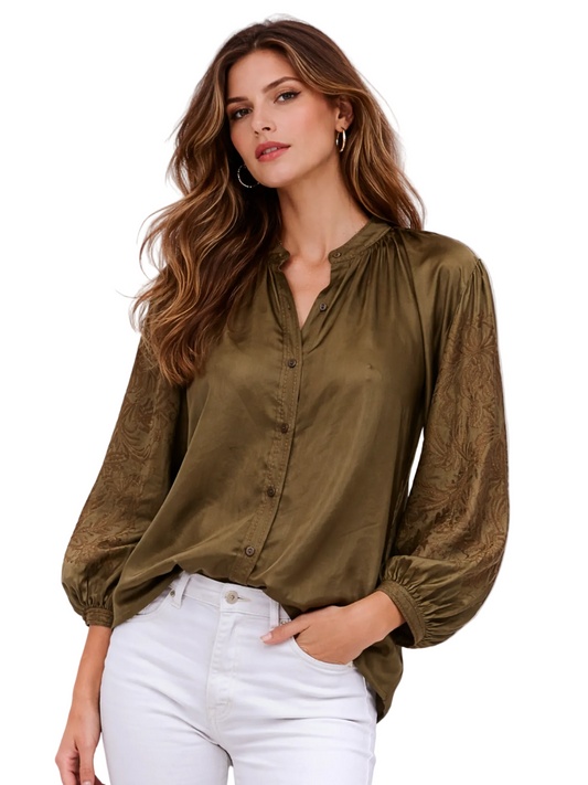  olive green silk  blouse with long sleeves