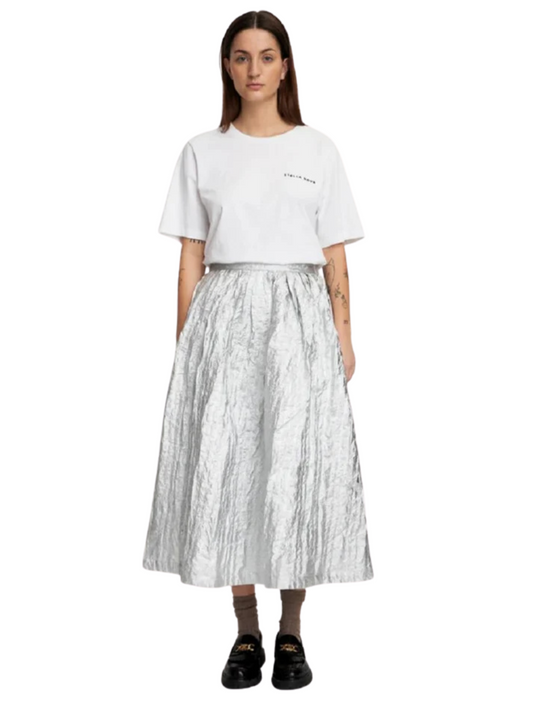 silver midi skirt with elastic waist band