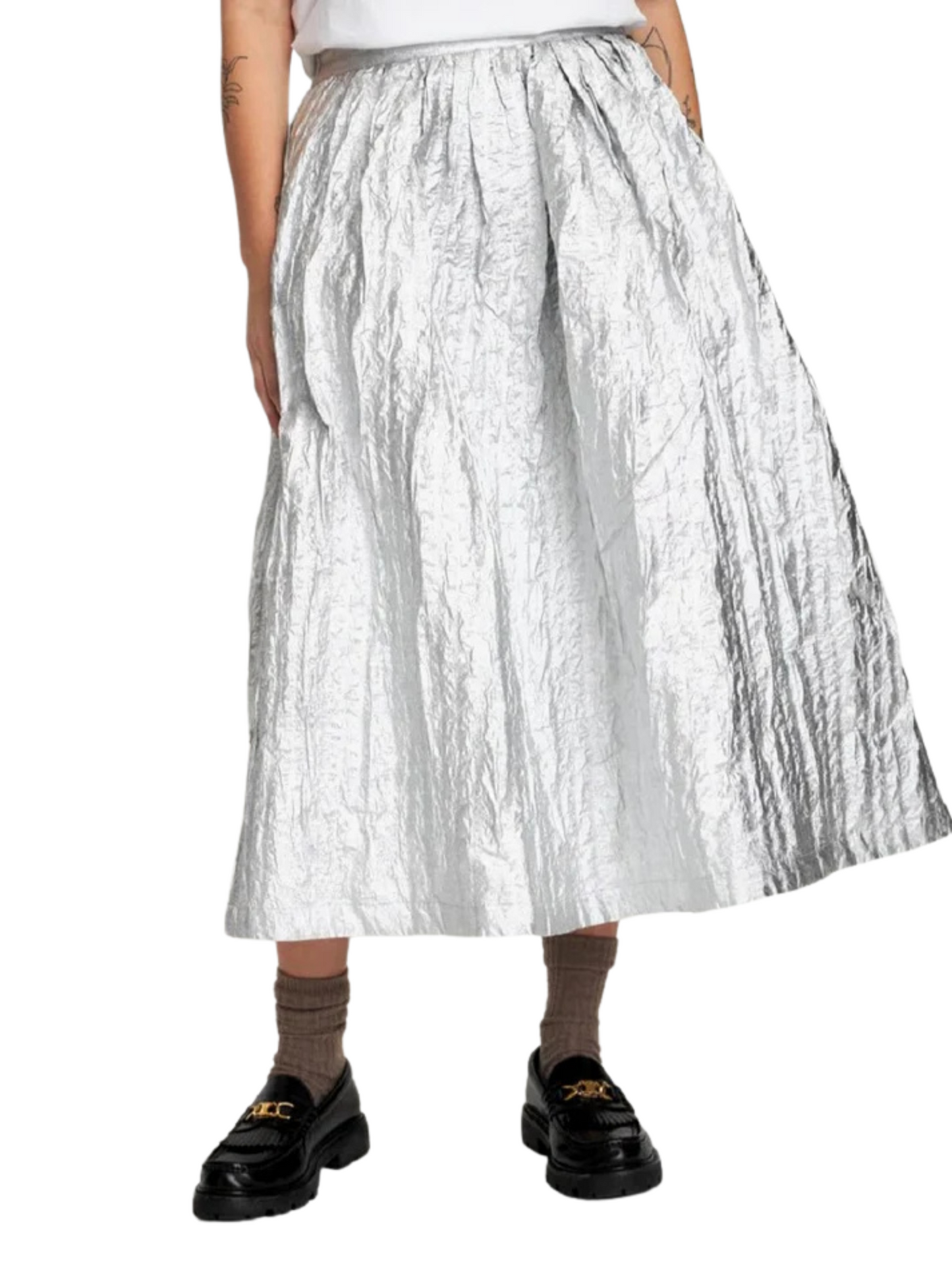 silver midi skirt with elastic waist band