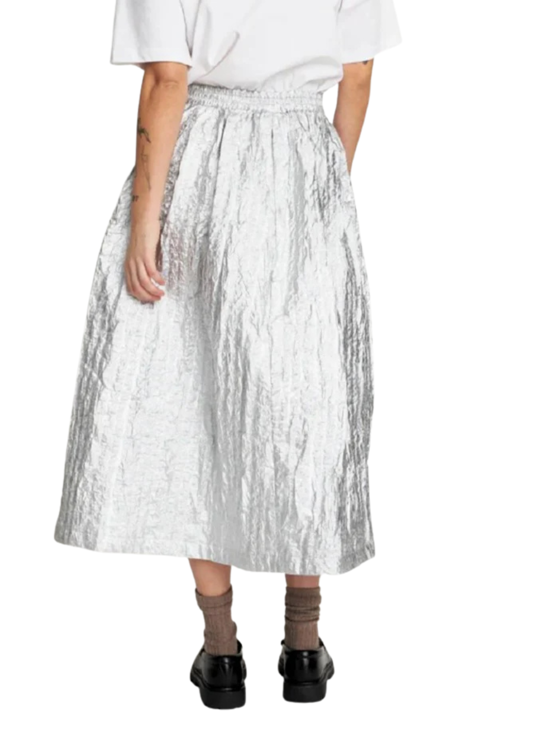 silver midi skirt with elastic waist band