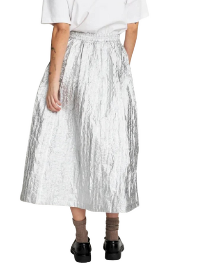 silver midi skirt with elastic waist band