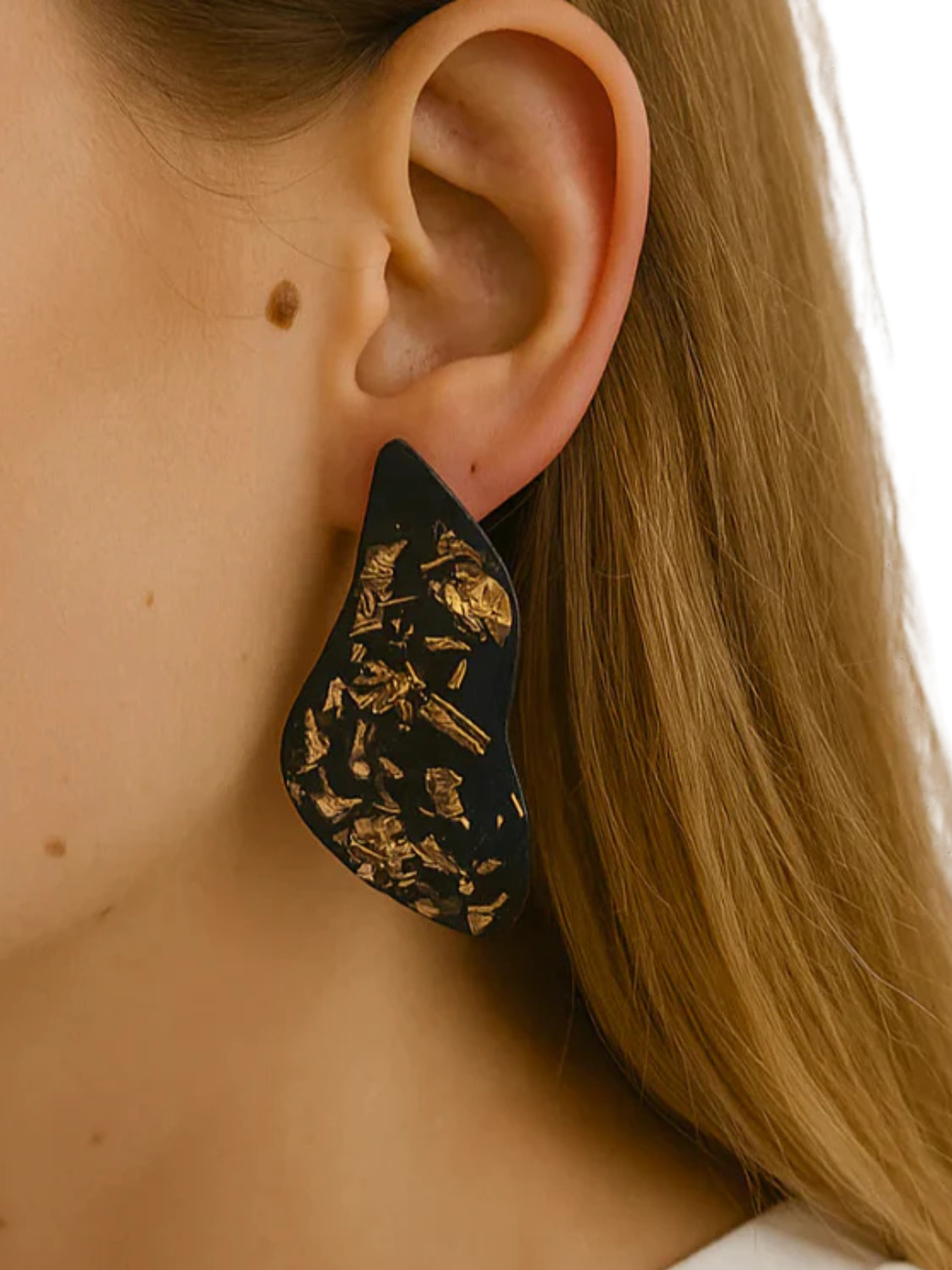 Black resin earrings with real gold leaf