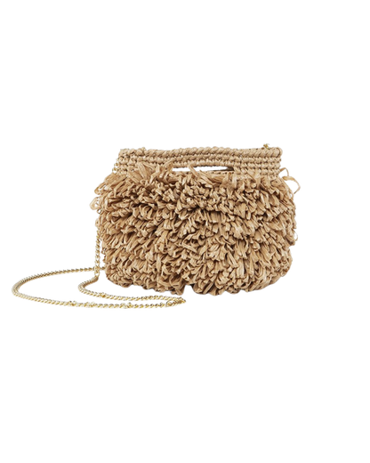 Beige raffia look alike handbag with a chain strap