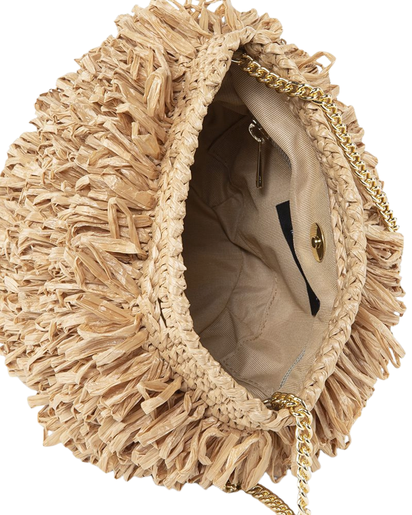 Beige raffia look alike handbag with a chain strap