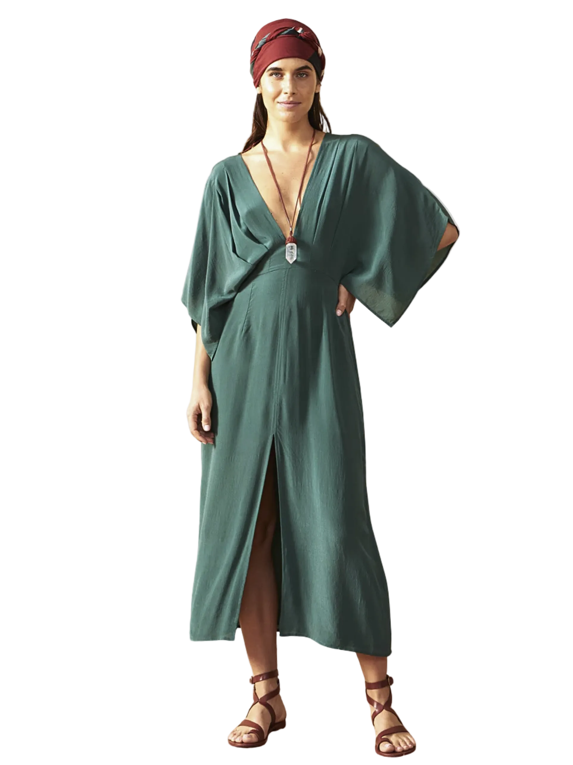  green dress with a deep neckline 