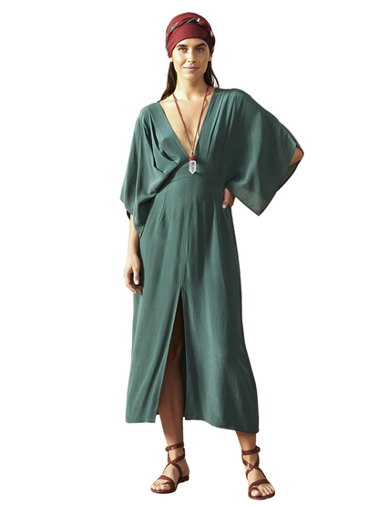  green dress with a deep neckline 