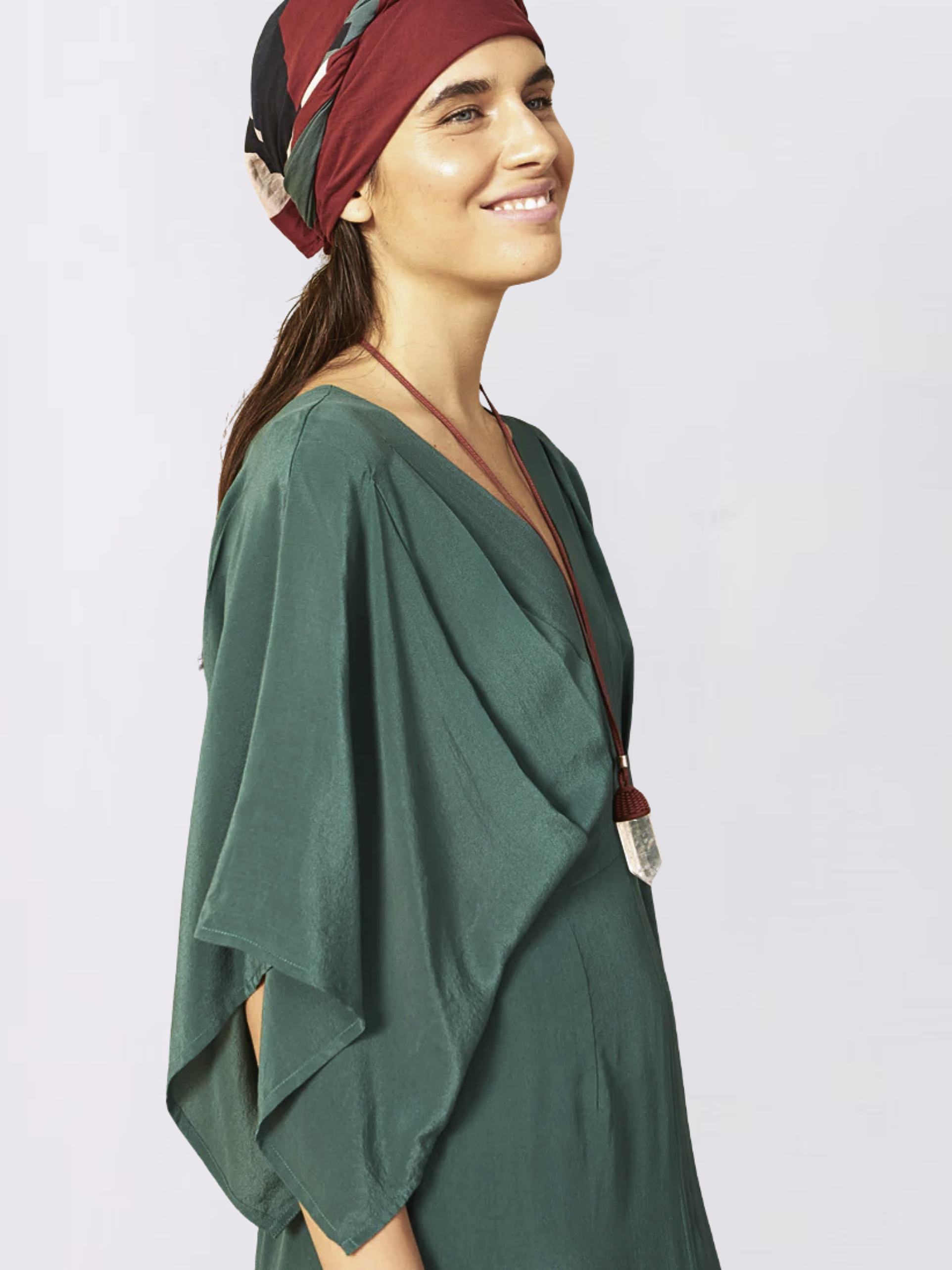  green dress with a deep neckline 