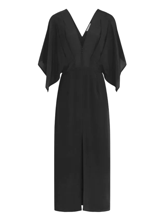 gray dress with a deep neckline 