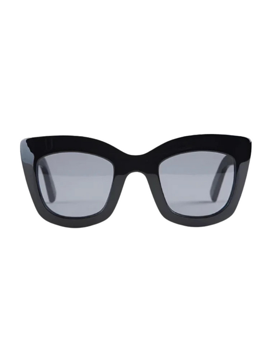 Black cat-eye sunglasses with gray lenses