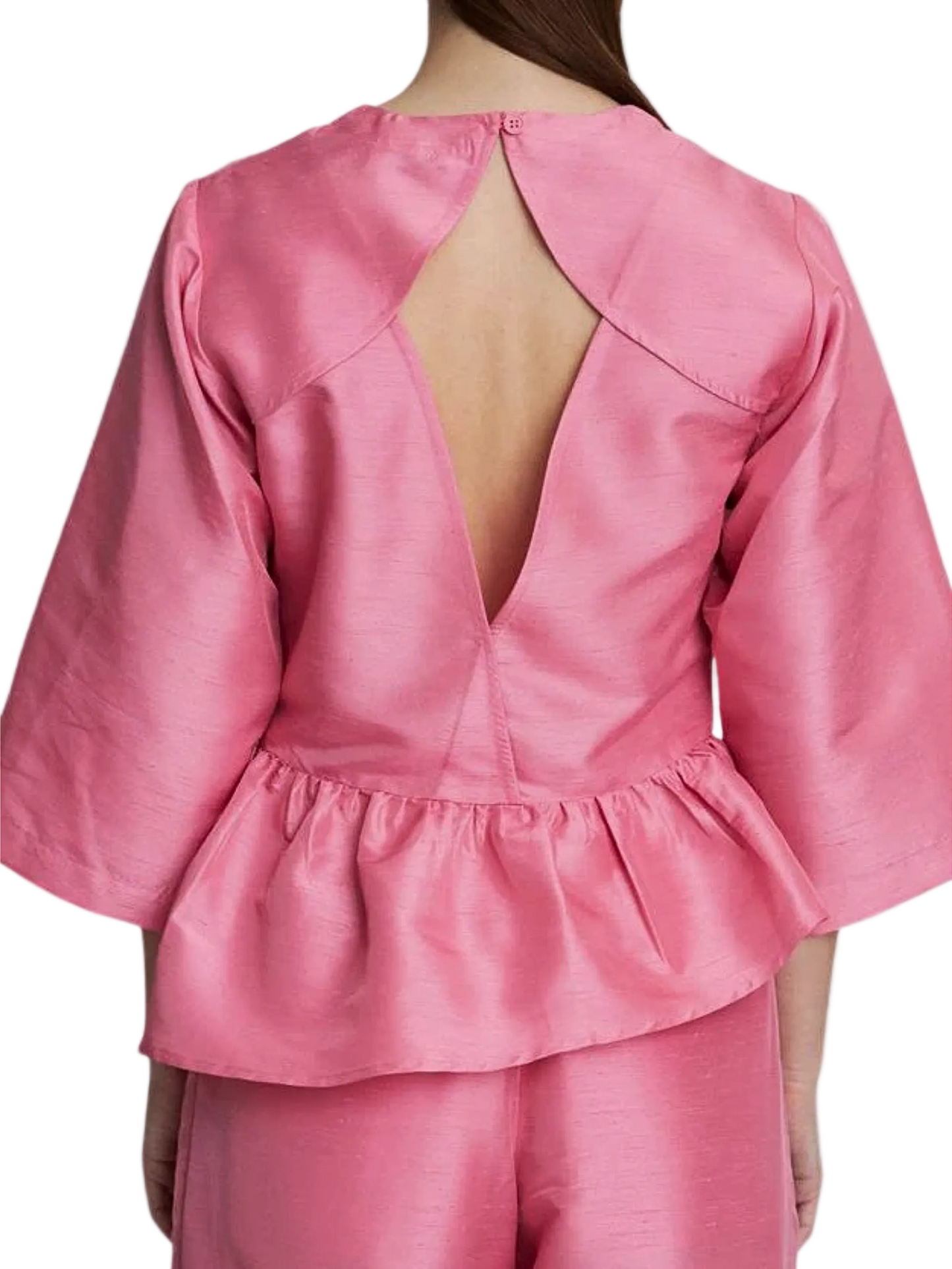 Pink open-back top with ruffled details 