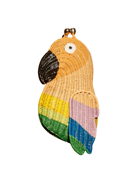 Colorful parrot-shaped wicker bag