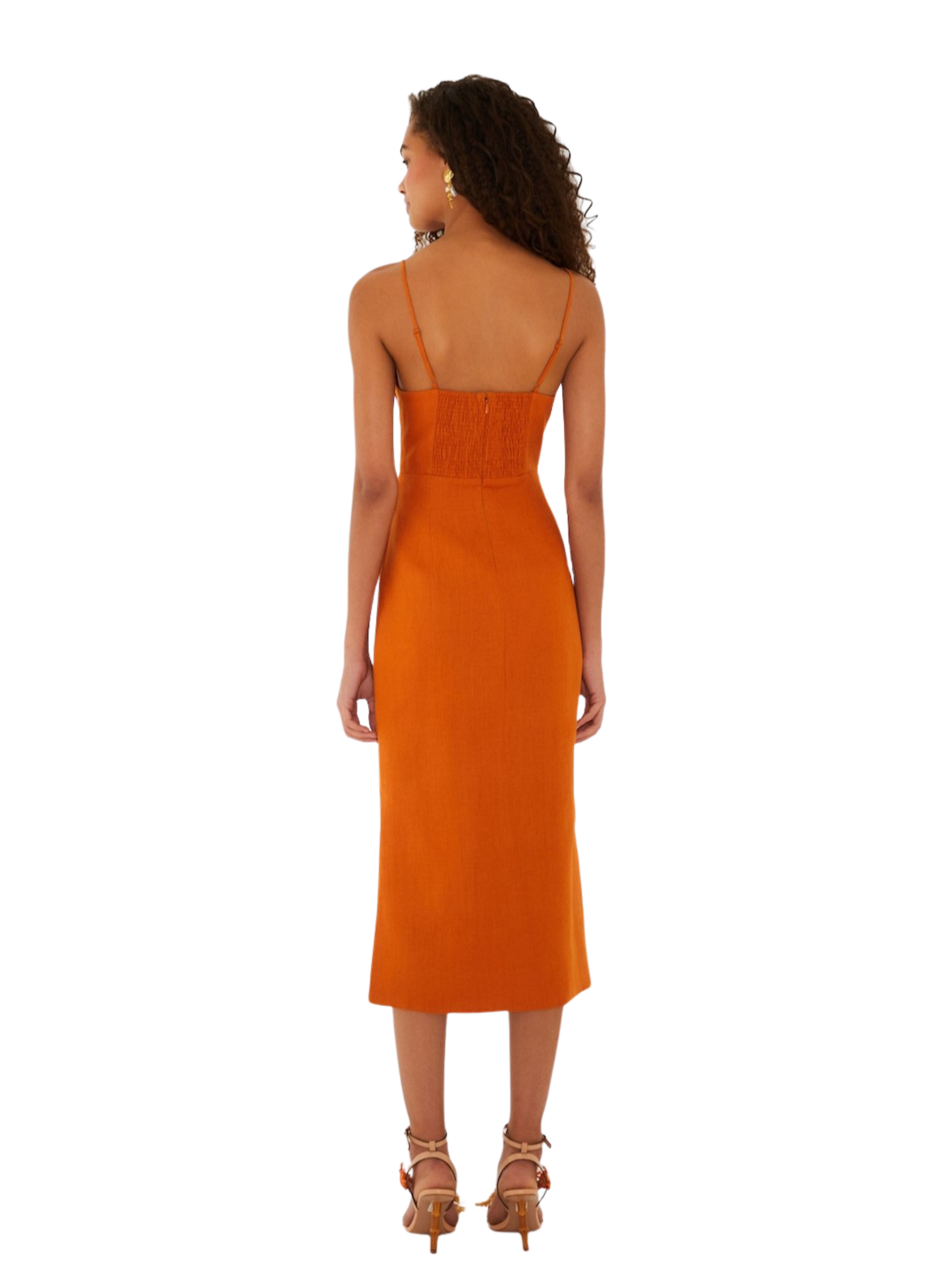 orange dress in linen with shell neckline 