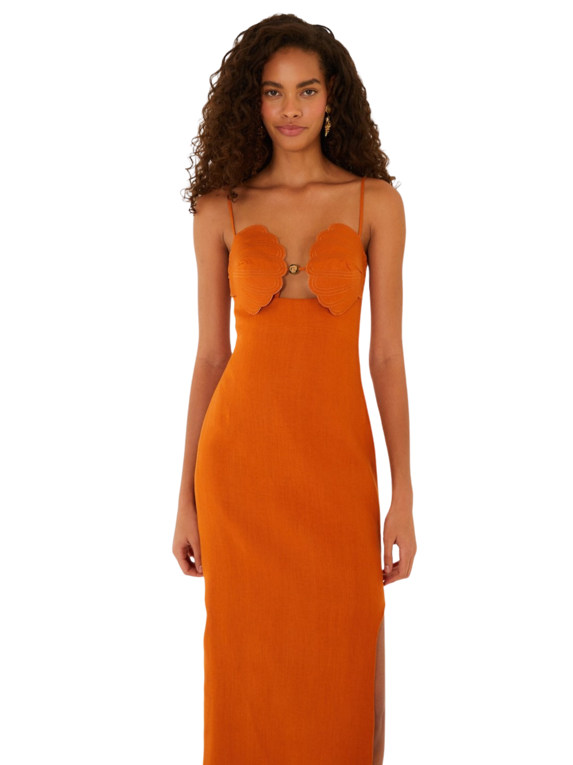 orange dress in linen with shell neckline 