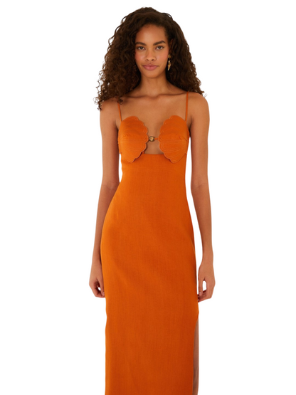 orange dress in linen with shell neckline 