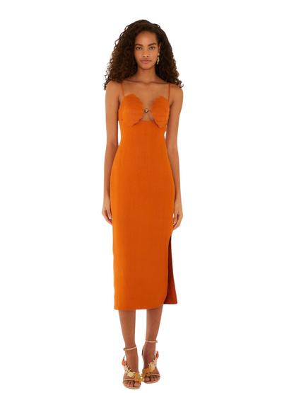 orange dress in linen with shell neckline 
