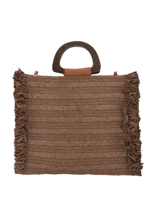 Woven handbag with fringes and wooden handle 
