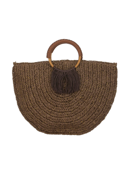 Brown woven handbag with wooden handle 