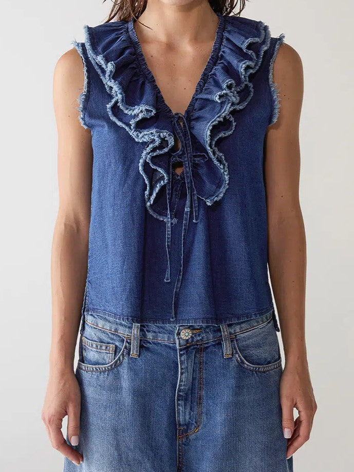 Sleeveless Denim Ruffle Top
