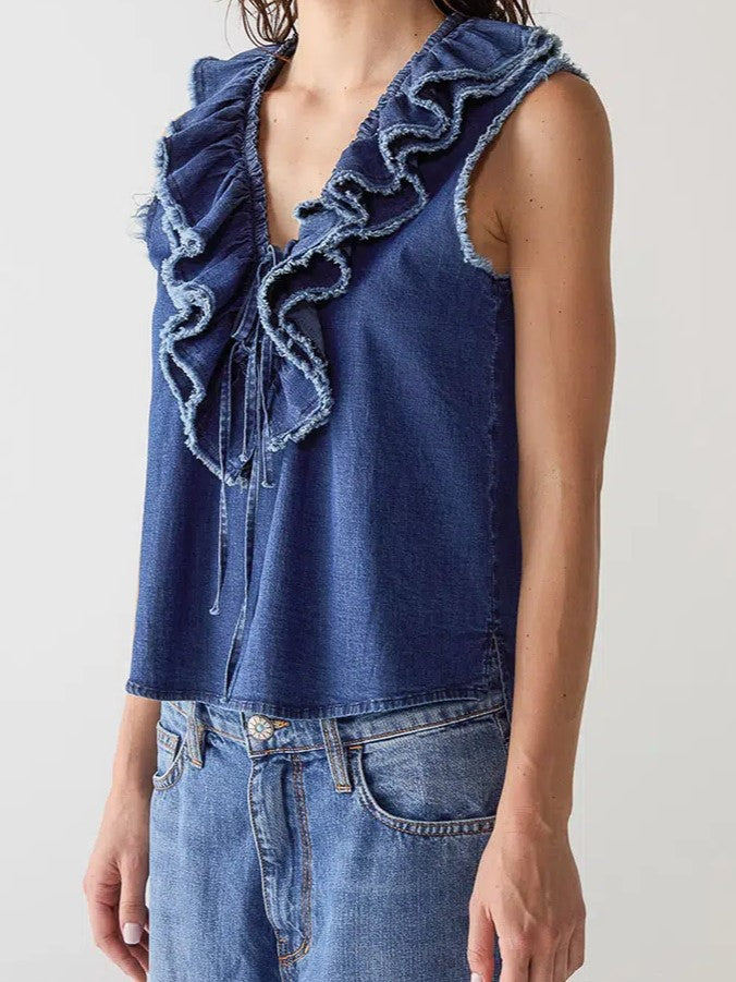 Sleeveless Denim Ruffle Top