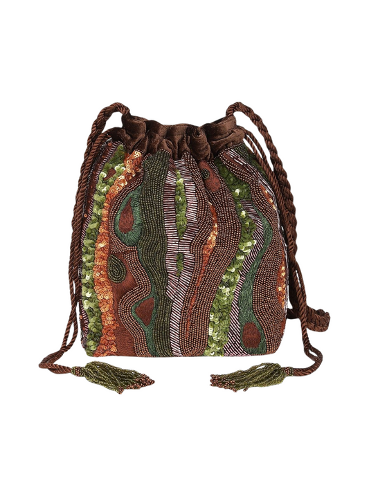  Bark Bucket Bag with glass-bead embroidery on velvet