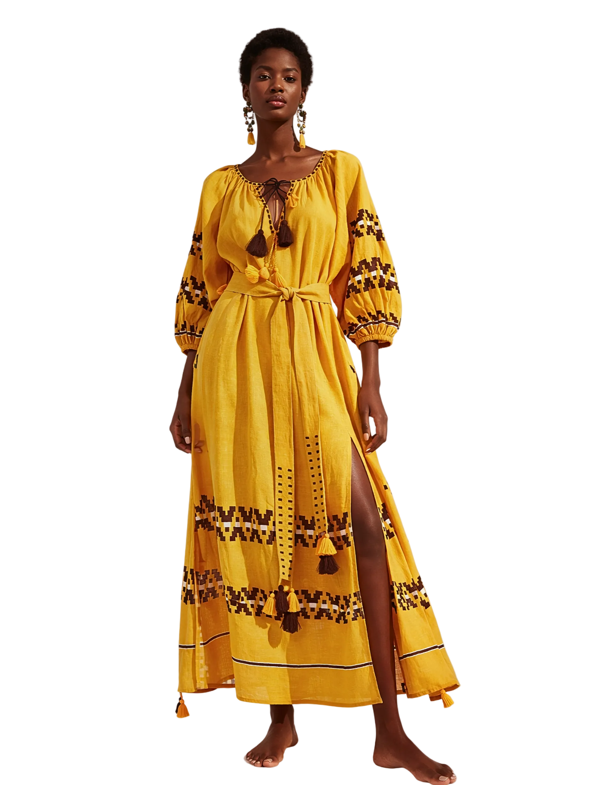Yellow dress with brown embroidery long sleeves 